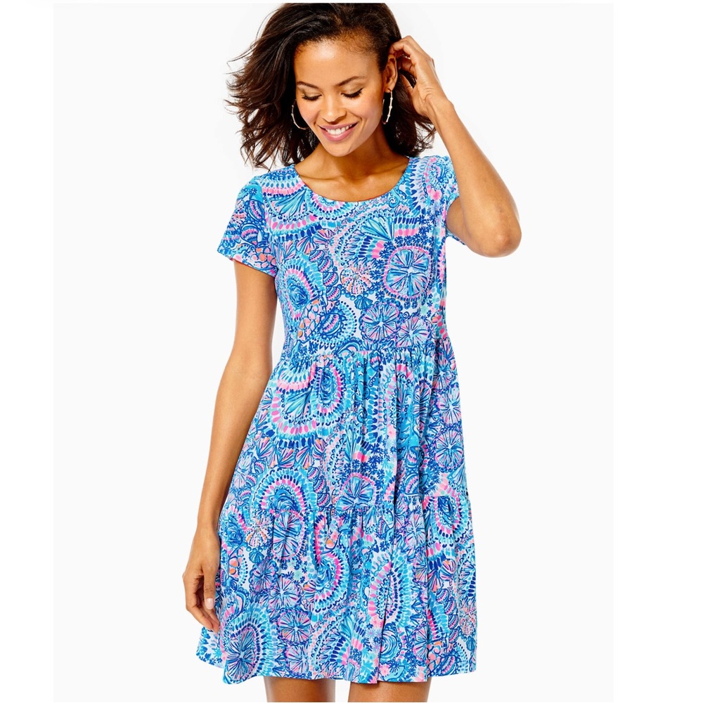 NWOT Lilly Pulitzer Geanna Short Sleeve Dress M, Blue Grotto Commotion in Ocean